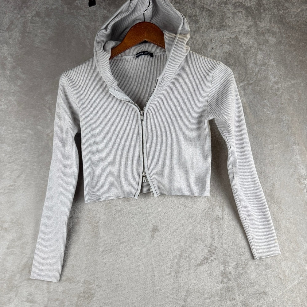 Brandy Melville Light Gray Ribbed Cropped Double Zip Up Hoodie Top One Size